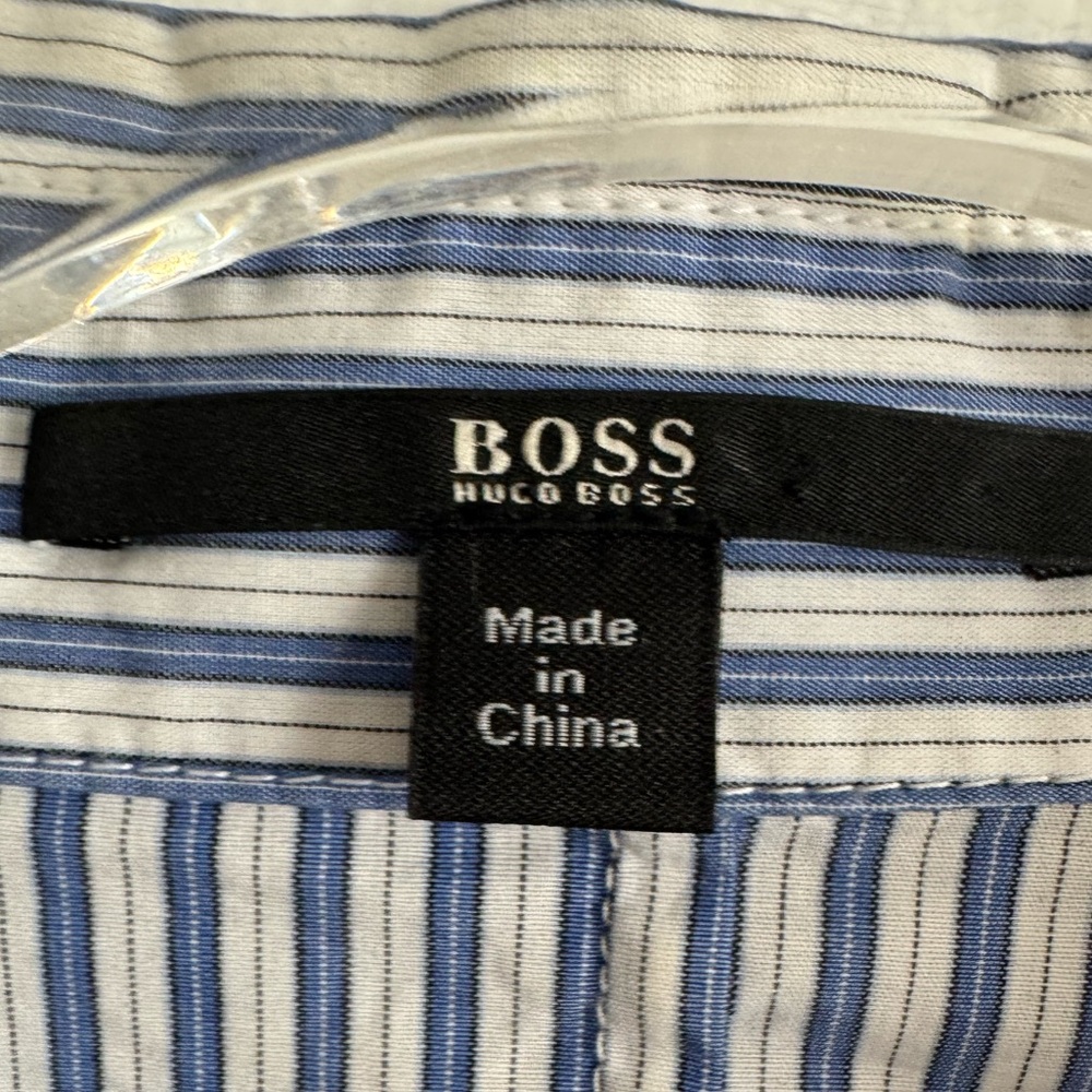 BOSS HUGO BOSS BLUE WHITE STRIPED RUCHED BUSINESS CASUAL SHIRT US SZ 12 - Picture 5 of 7